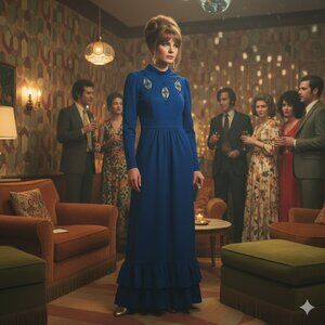 👑 VTG 70s Mikey Jrs Maxi Gown Royal Blue Ruffle High Collar Formal 💙